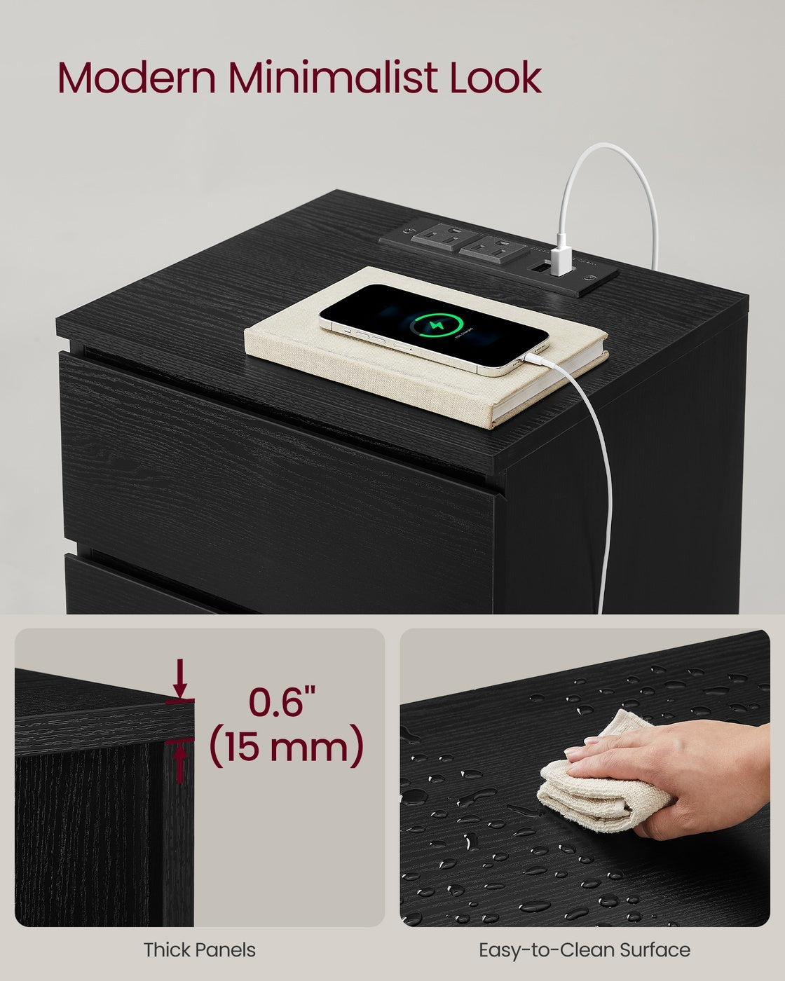Nightstand With Charging Station And 2 Drawers, Bedside Table - product photo 18