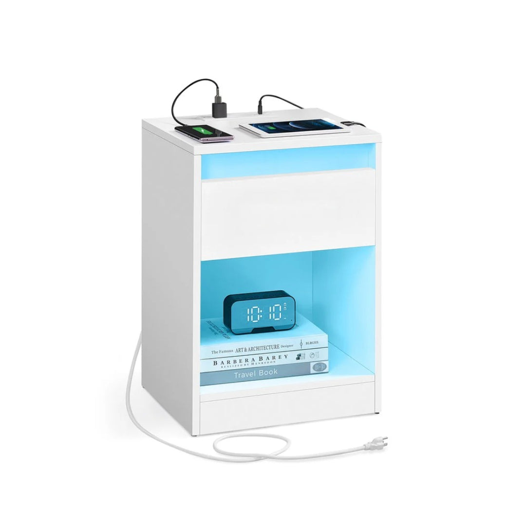 Nightstand With Charging Station And LED Lights Drawer – product view 1 | Ridgefield Furniture