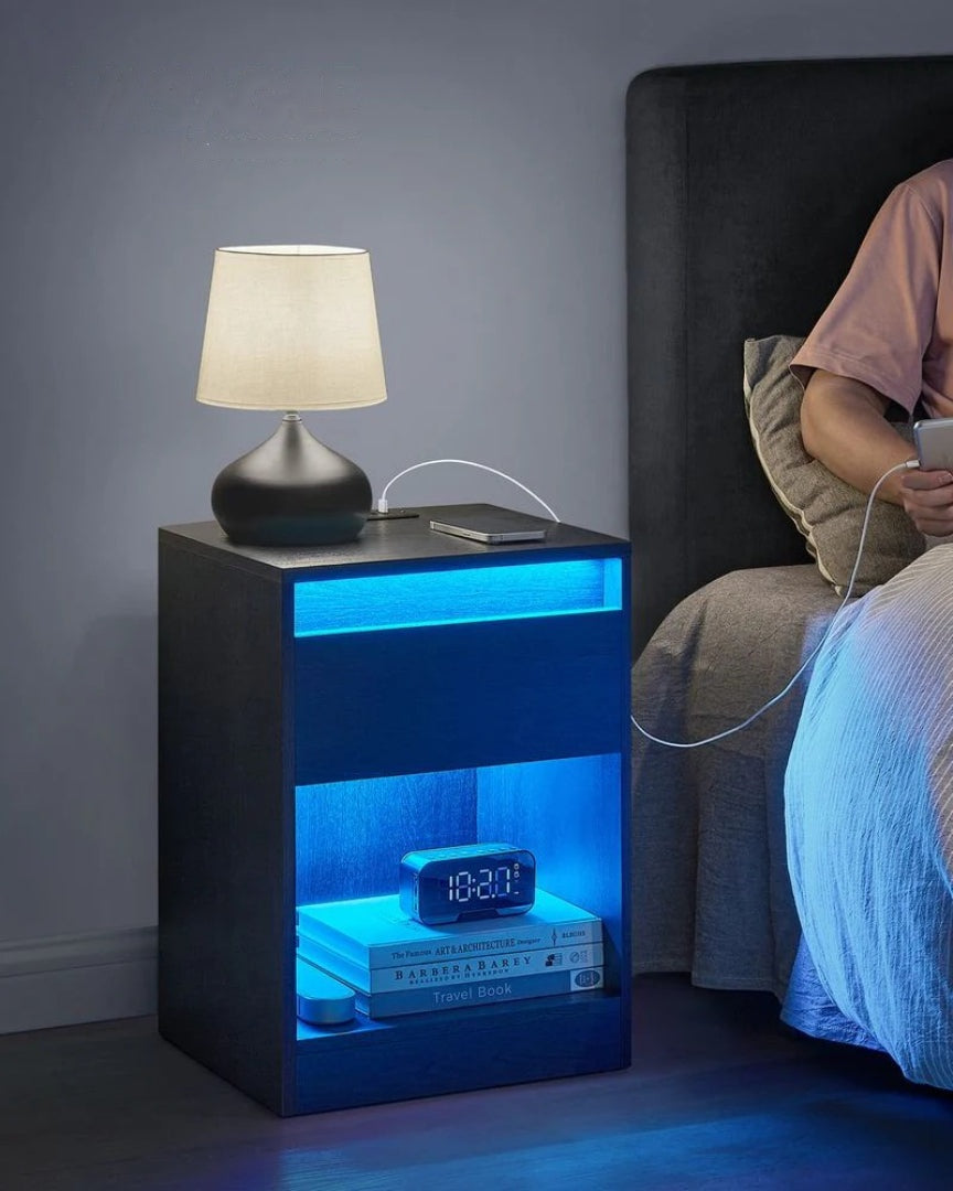 Nightstand With Charging Station And LED Lights Drawer – product view 9 | Ridgefield Furniture