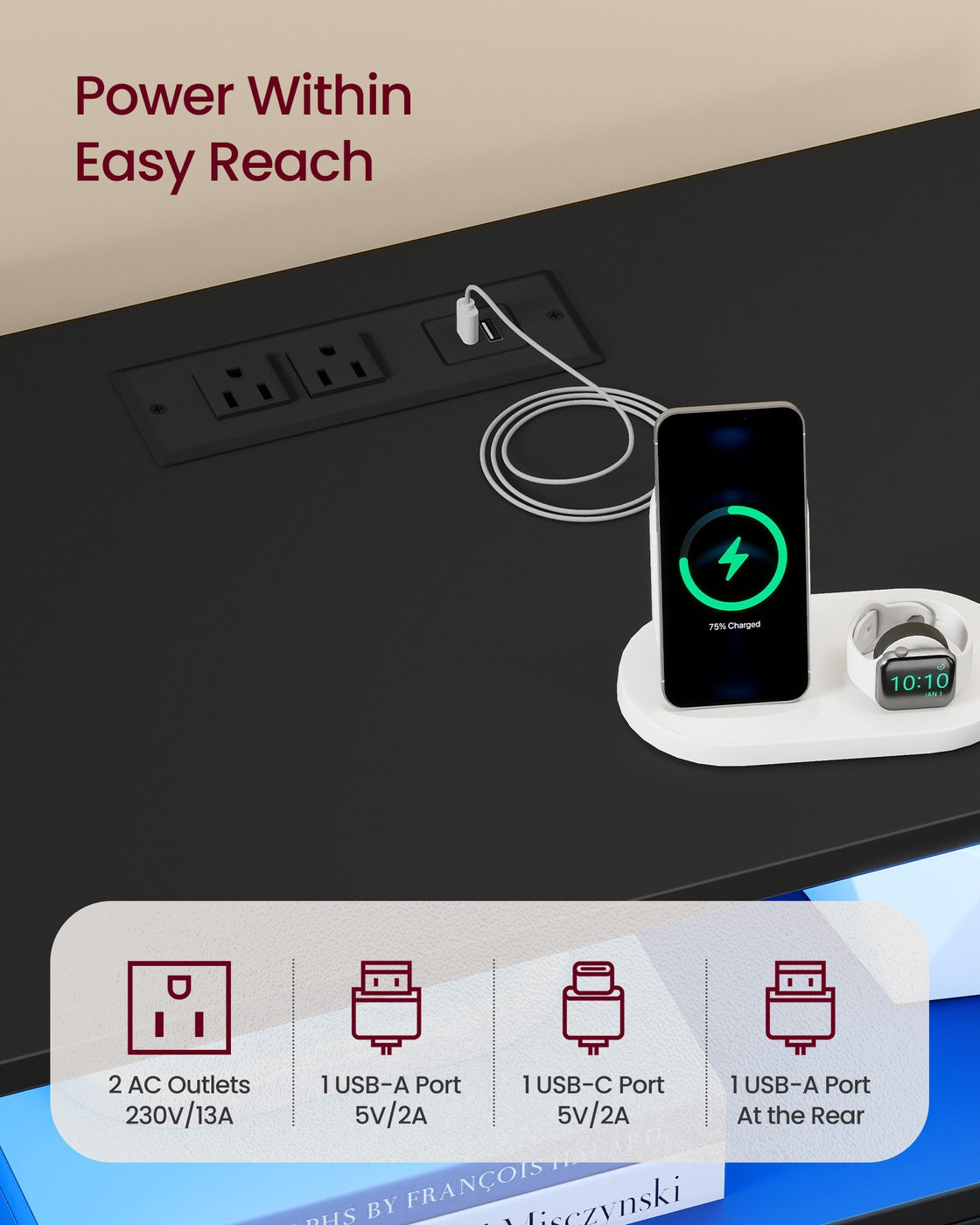 Nightstand With Charging Station, LED Lights - product photo 03