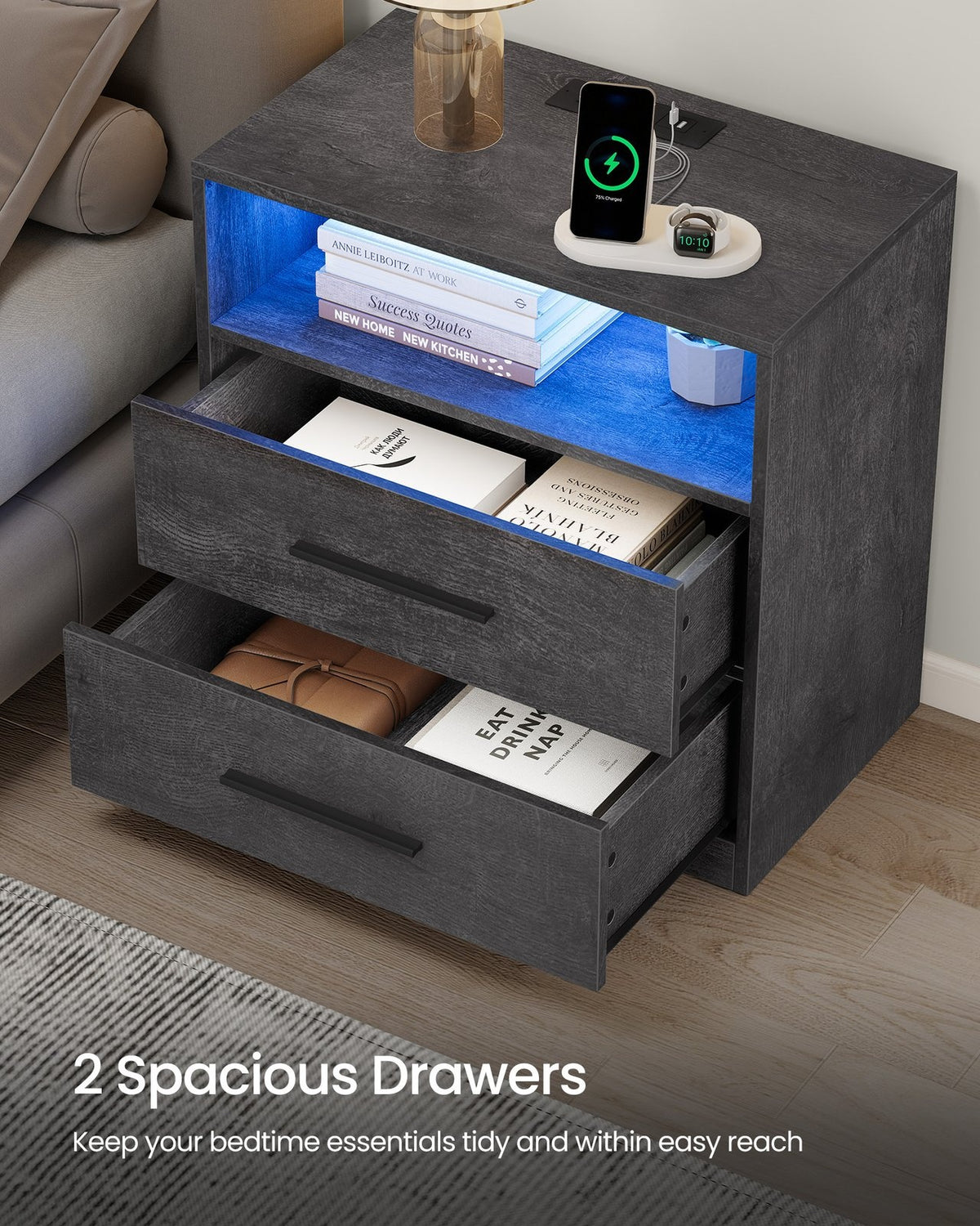 Nightstand With Charging Station, LED Lights - product photo 38