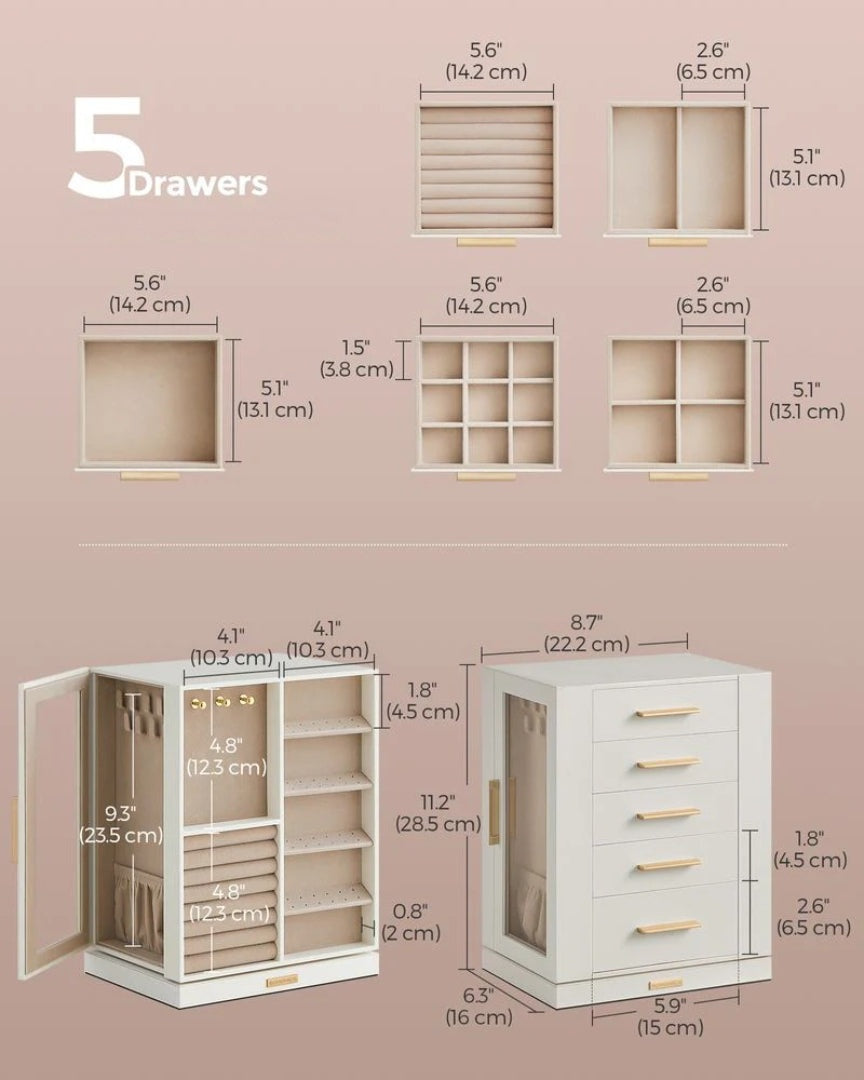 Rotating Jewelry Box Organizer With 5 Drawers And Hooks – product view 8 | Ridgefield Furniture