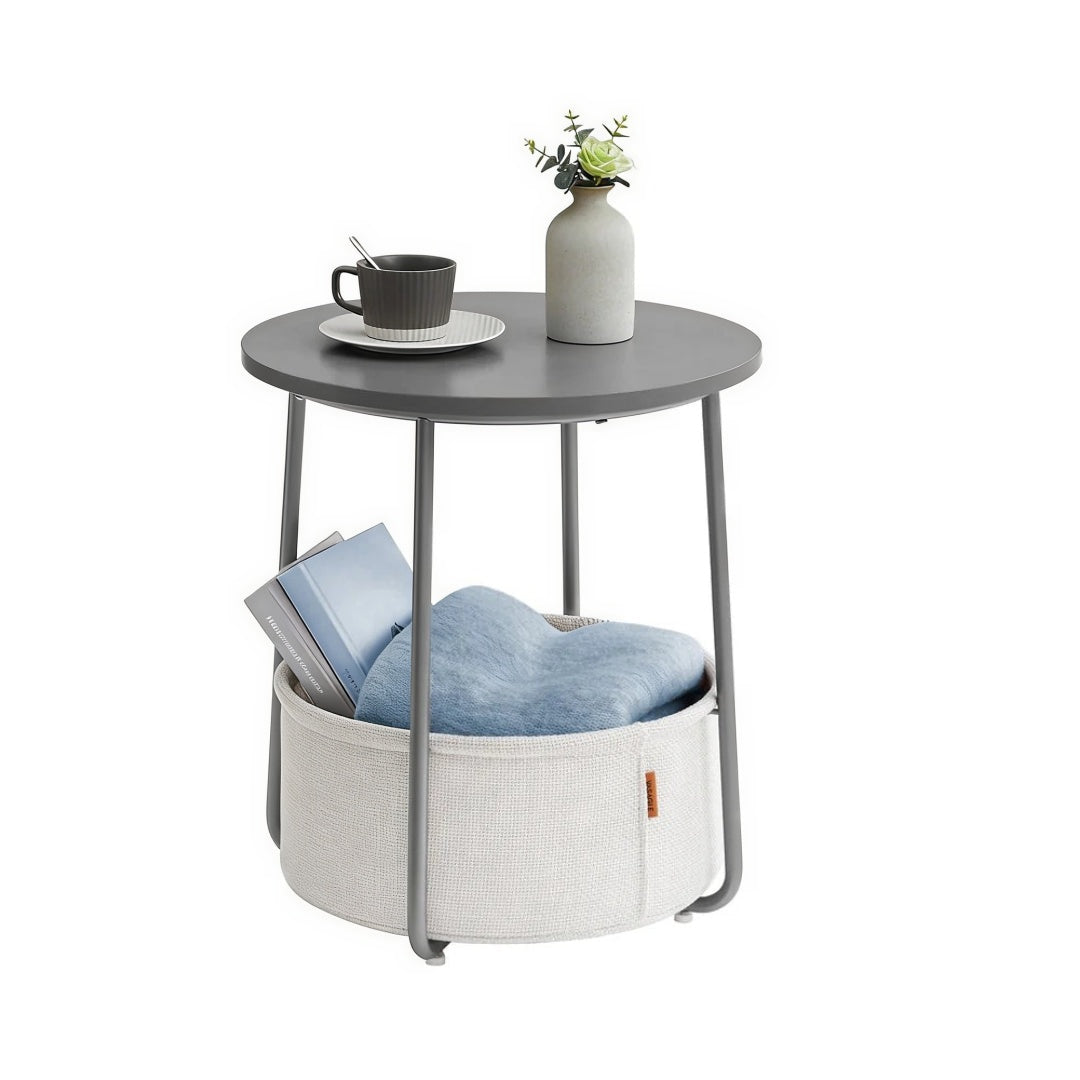 Round Nightstand With Fabric Basket Modern Bedside Table – product view 3 | Ridgefield Furniture