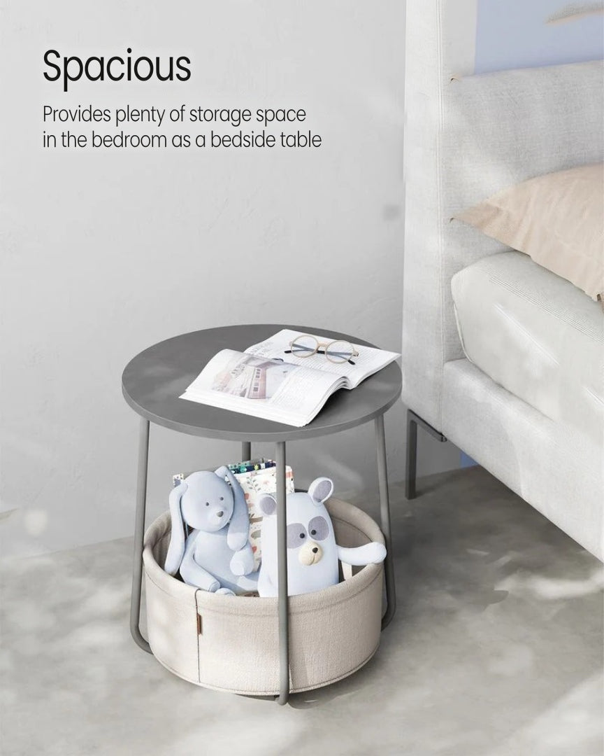 Round Nightstand With Fabric Basket Modern Bedside Table – product view 11 | Ridgefield Furniture