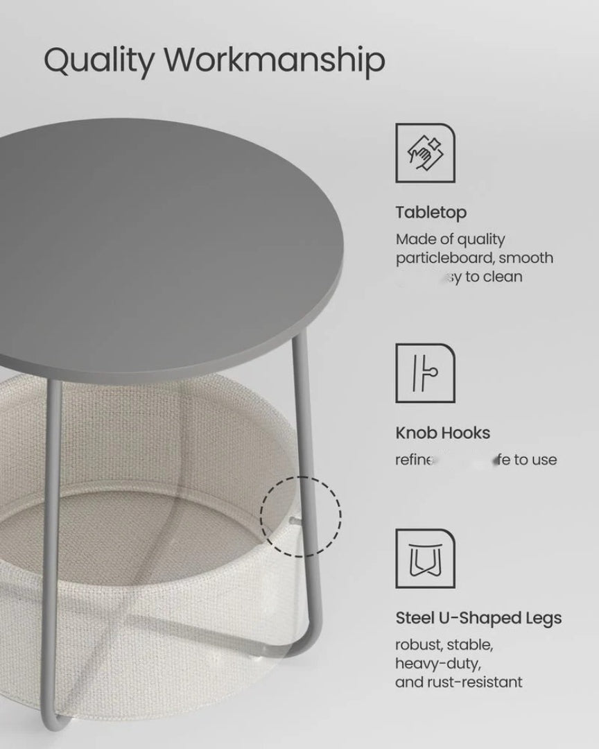 Round Nightstand With Fabric Basket Modern Bedside Table – product view 12 | Ridgefield Furniture