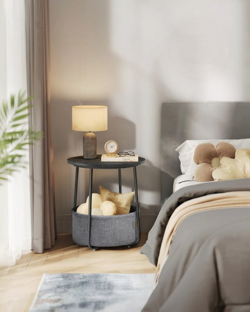Round Nightstand With Fabric Basket Modern Bedside Table – product view 15 | Ridgefield Furniture