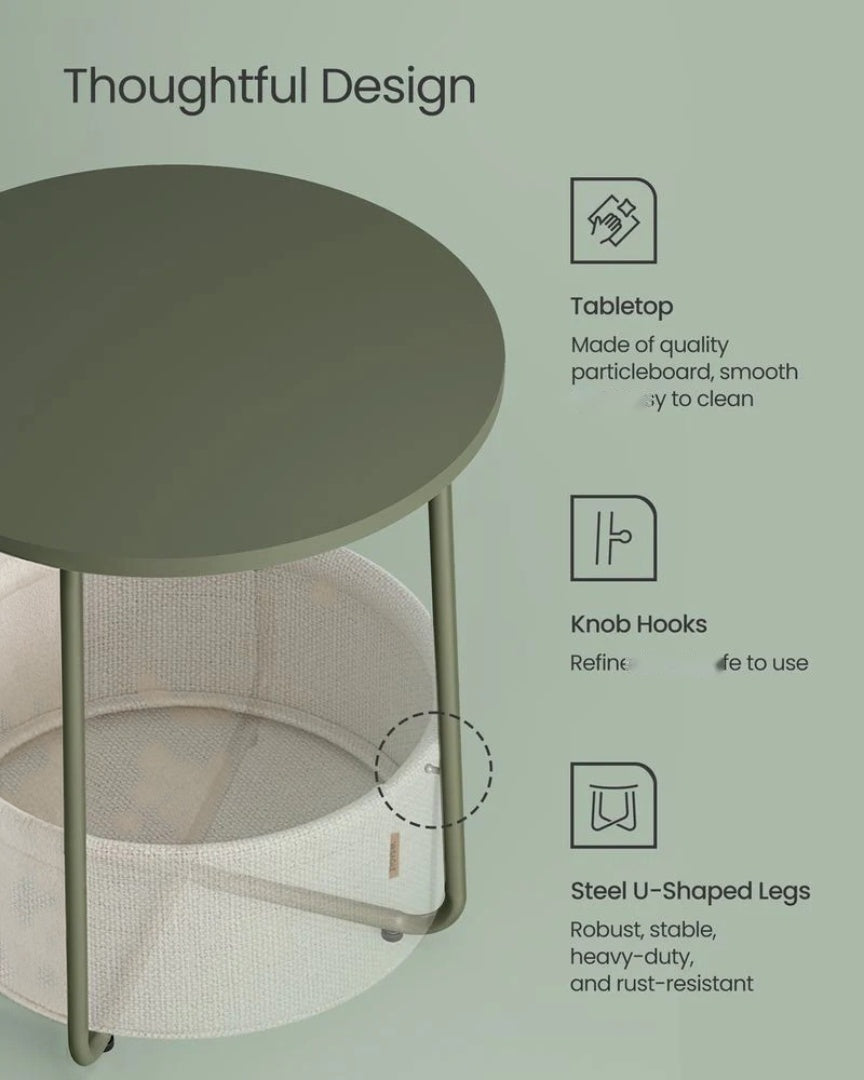 Round Nightstand With Fabric Basket Modern Bedside Table – product view 27 | Ridgefield Furniture