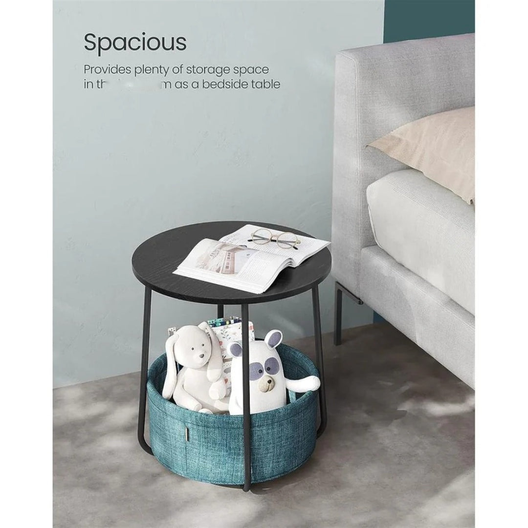Round Nightstand With Fabric Basket Modern Bedside Table – product view 33 | Ridgefield Furniture