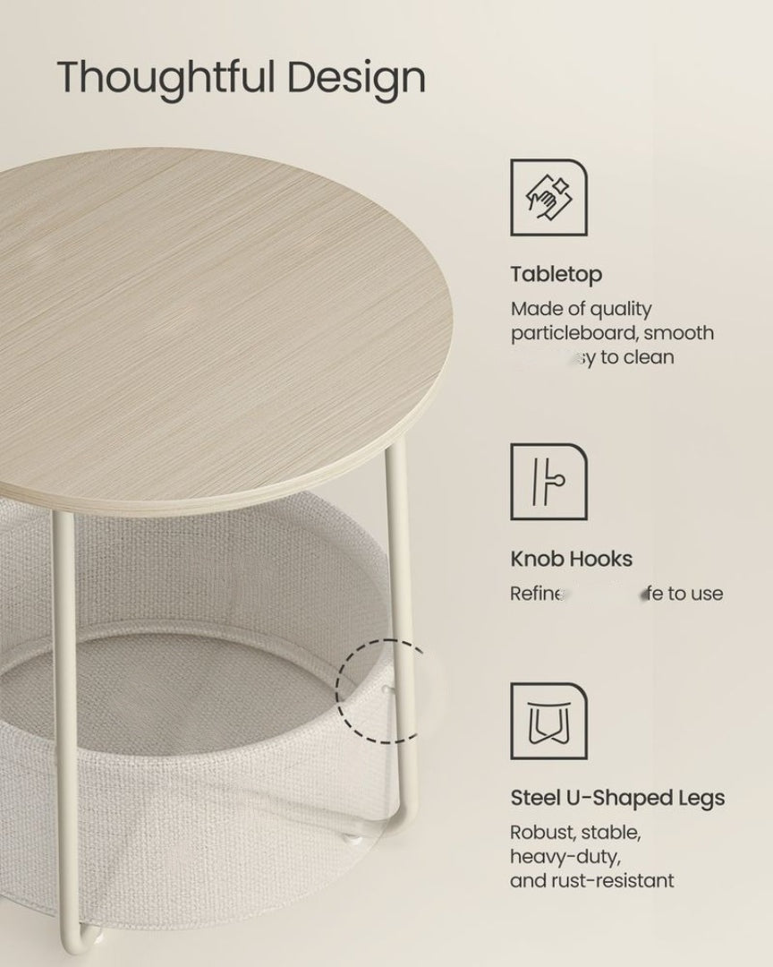 Round Nightstand With Fabric Basket Modern Bedside Table – product view 39 | Ridgefield Furniture