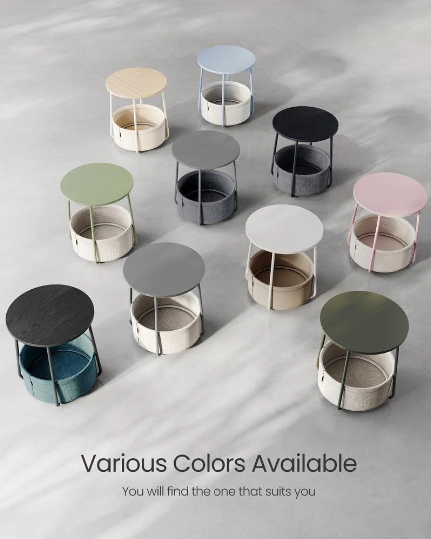 Round Nightstand With Fabric Basket Modern Bedside Table – product view 42 | Ridgefield Furniture