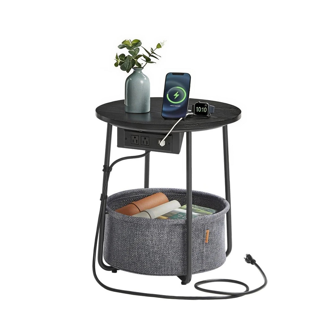Round Side Table with Charging Station and Fabric Basket Storage – product view 5 | Ridgefield Furniture