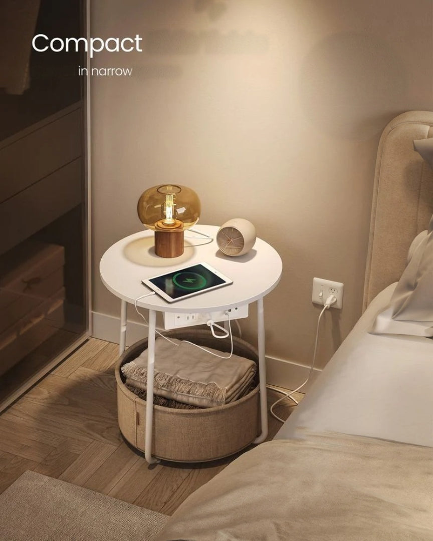 Round Side Table with Charging Station and Fabric Basket Storage – product view 8 | Ridgefield Furniture