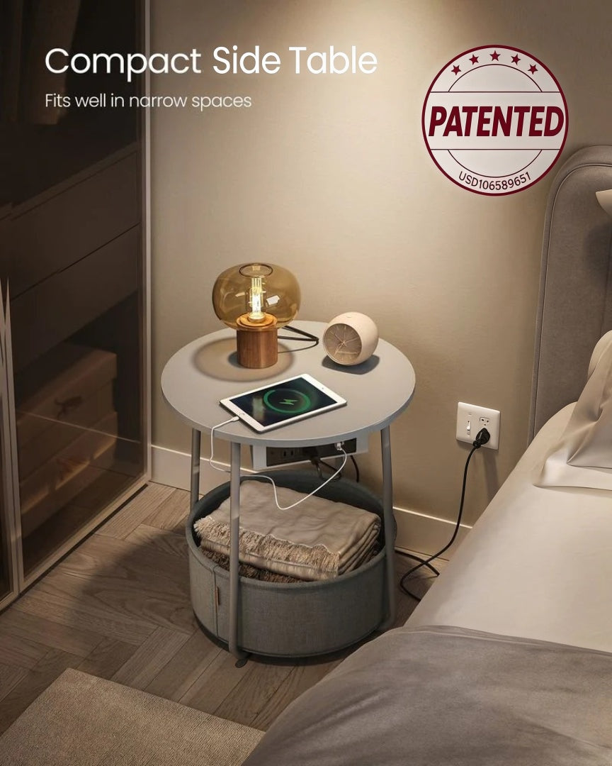 Round Side Table with Charging Station and Fabric Basket Storage – product view 15 | Ridgefield Furniture