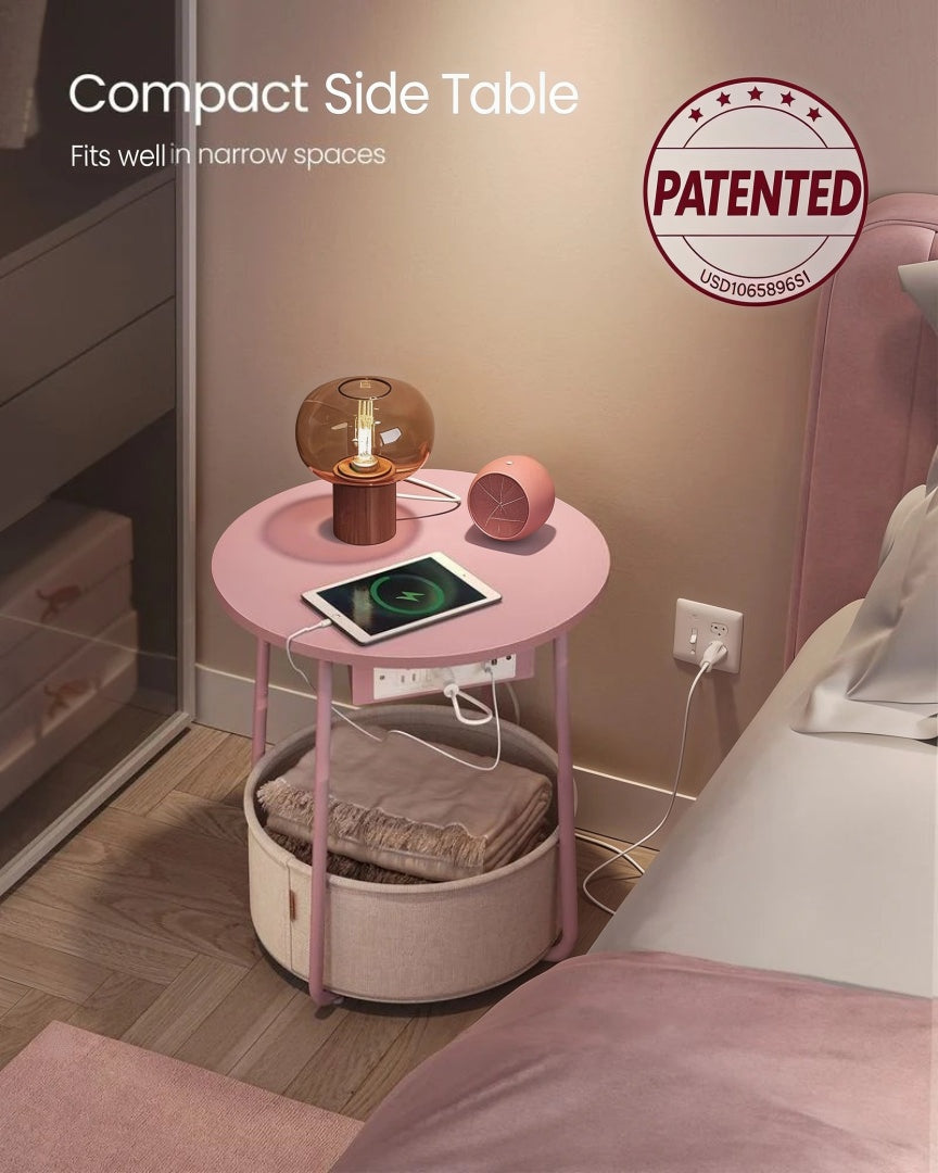 Round Side Table with Charging Station and Fabric Basket Storage – product view 25 | Ridgefield Furniture