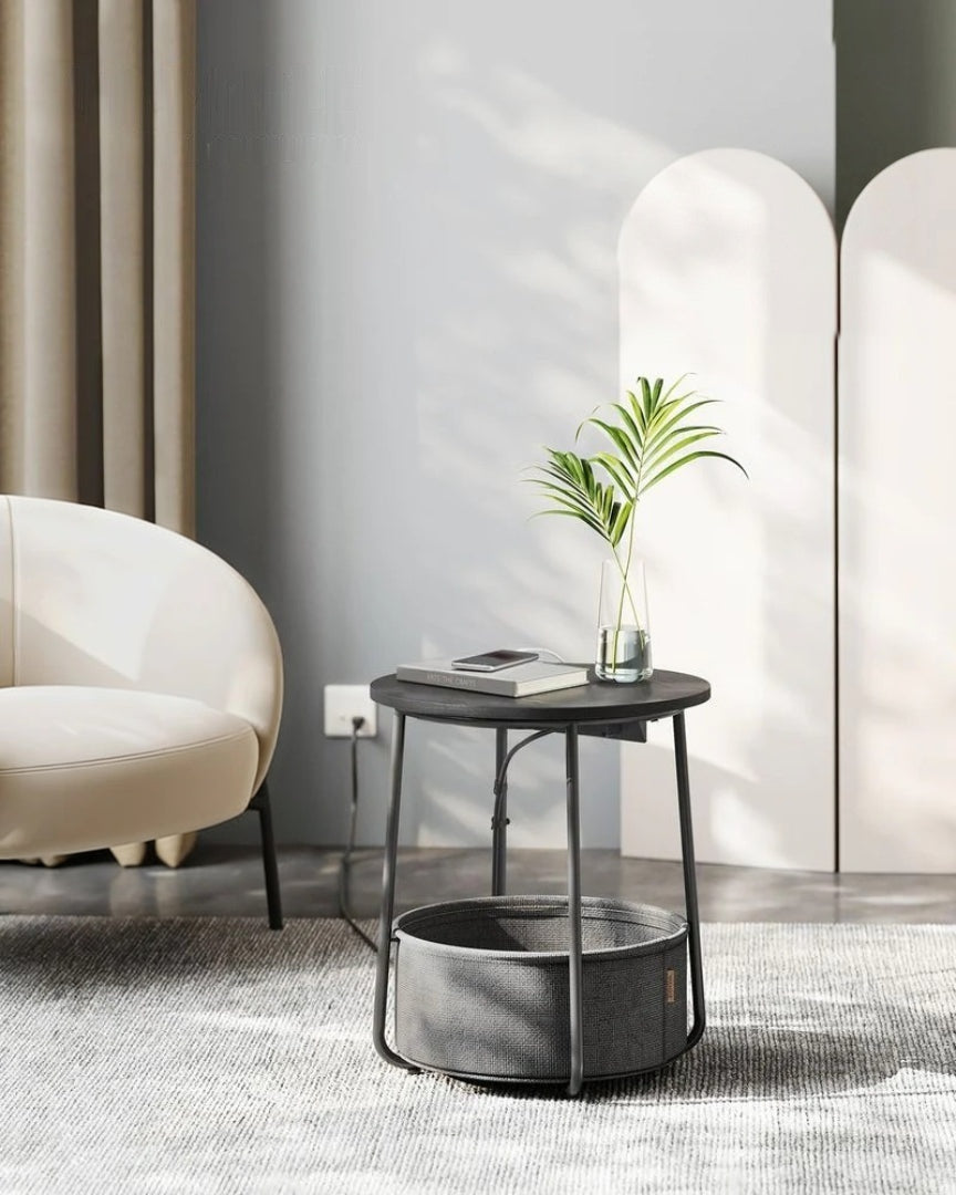 Round Side Table with Charging Station and Fabric Basket Storage – product view 28 | Ridgefield Furniture