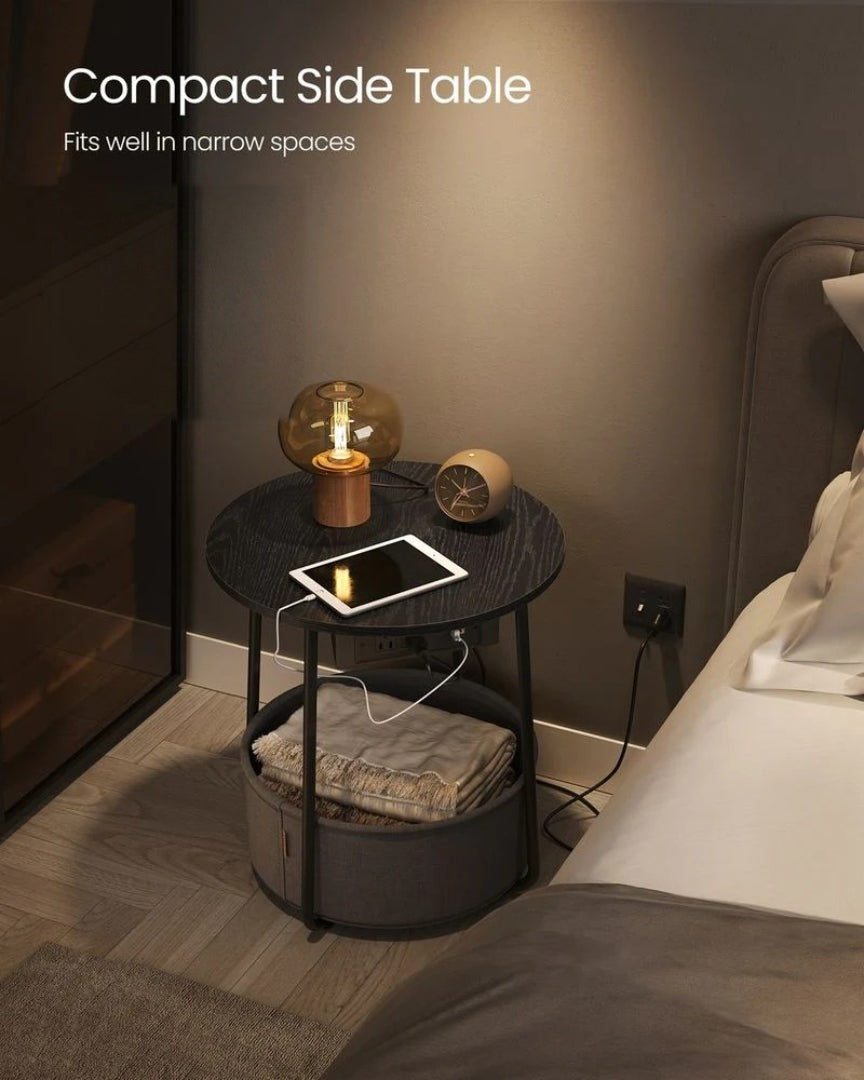 Round Side Table with Charging Station and Fabric Basket Storage – product view 29 | Ridgefield Furniture