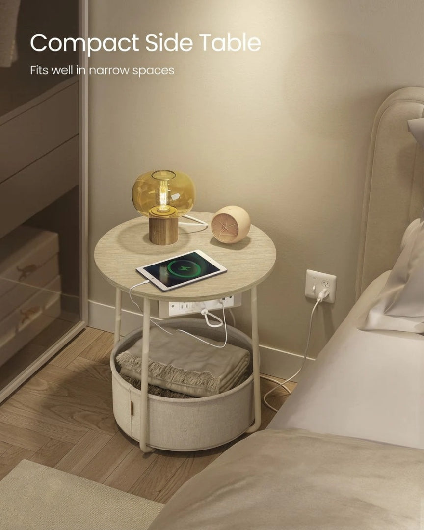 Round Side Table with Charging Station and Fabric Basket Storage – product view 34 | Ridgefield Furniture