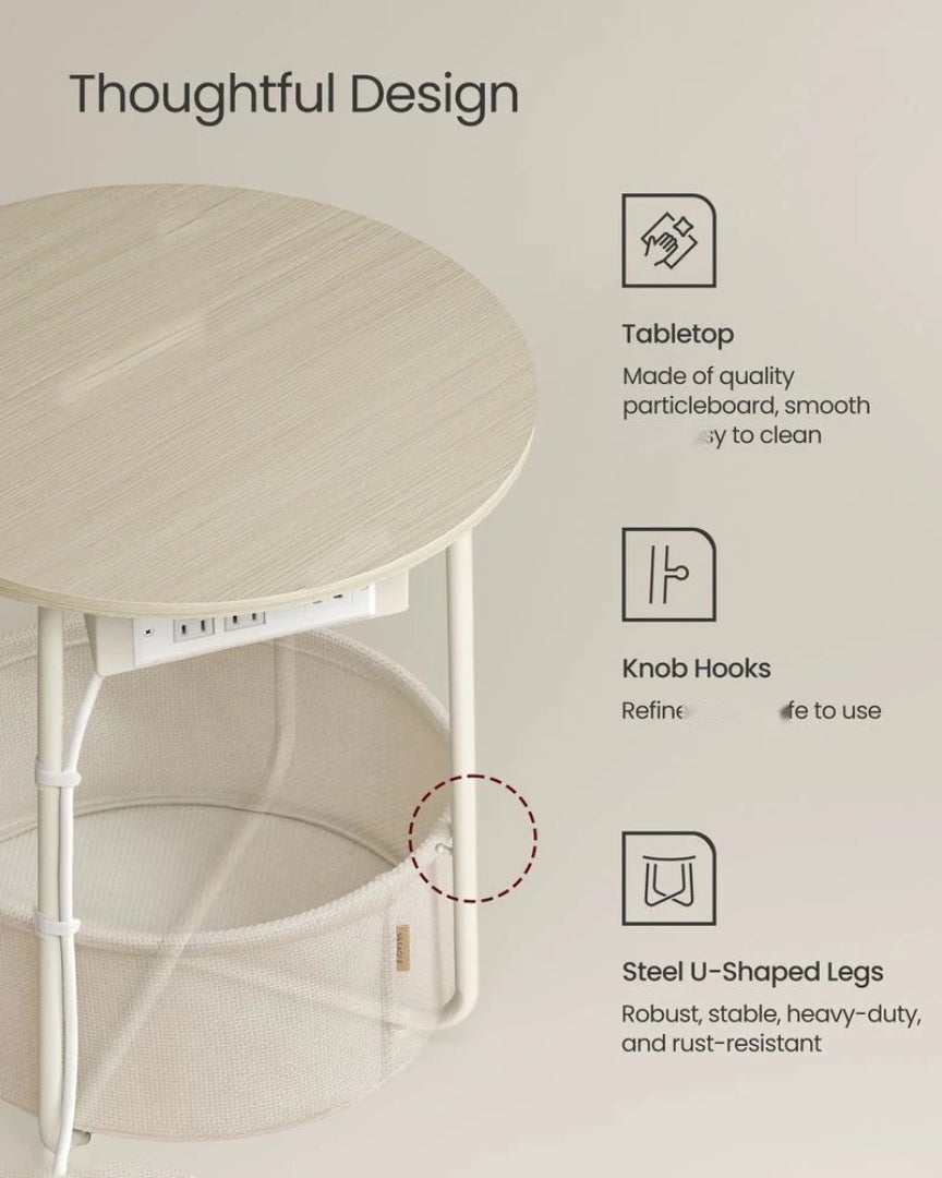 Round Side Table with Charging Station and Fabric Basket Storage – product view 36 | Ridgefield Furniture