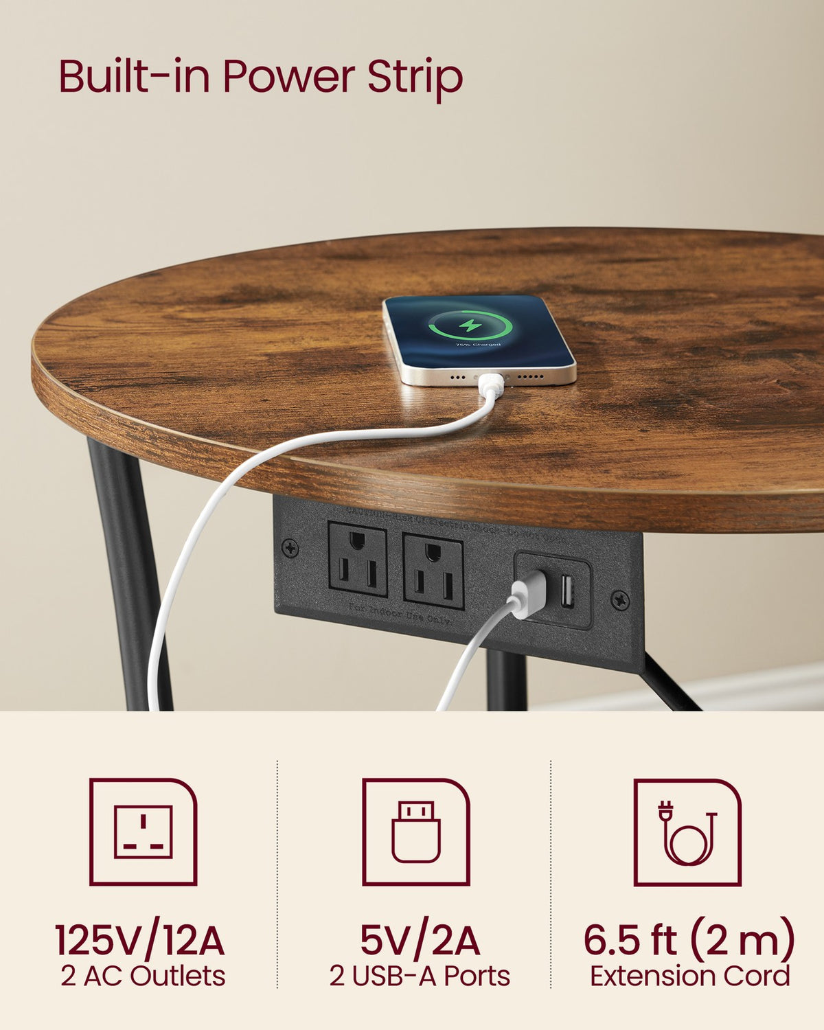 Side Table, 2-Tier Round End Table With Power Outlets - product photo 02