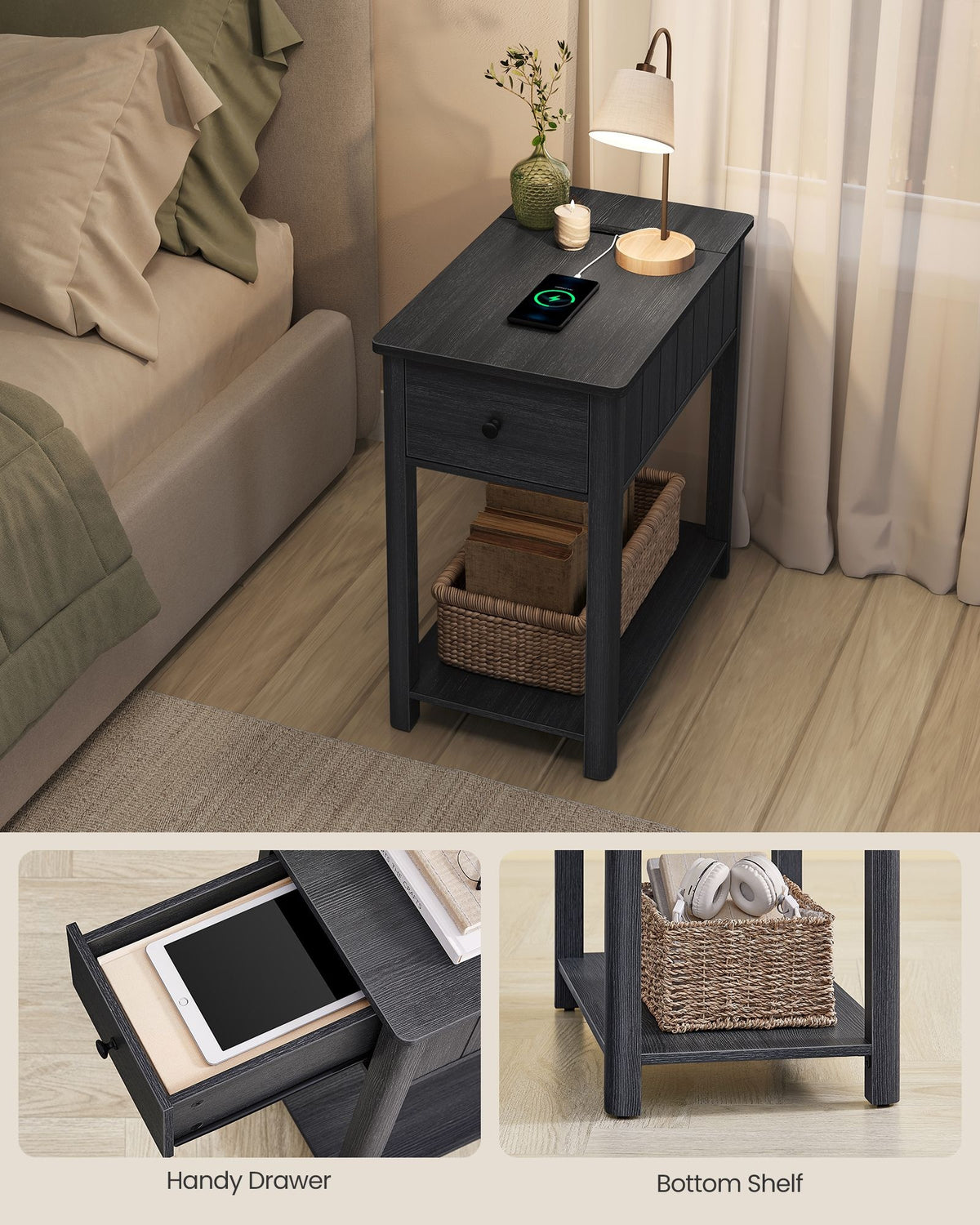 Side Table With Charging Station, Drawer And Open Storage Shelf - product photo 29