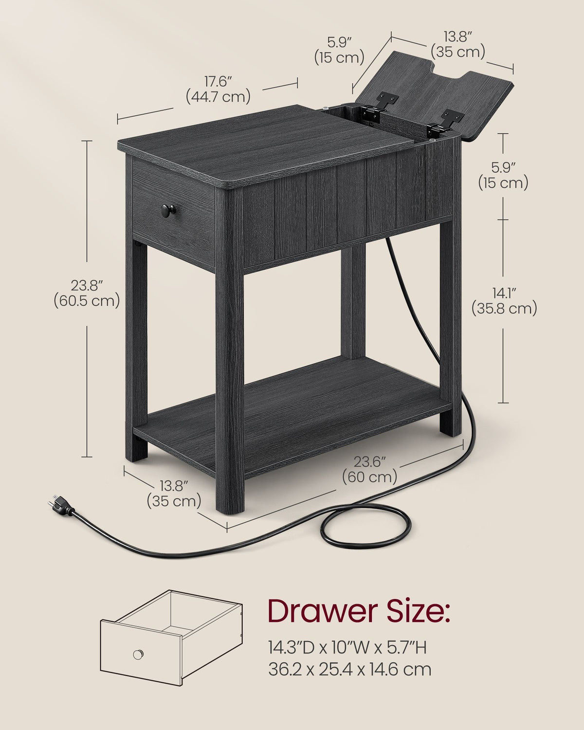 Side Table With Charging Station, Drawer And Open Storage Shelf - product photo 32