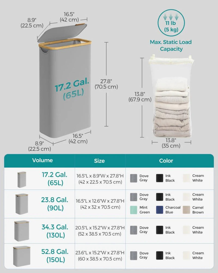 Slim Laundry Hamper With Lid 34.3 Gallon 2 Section Sorter – product view 19 | Ridgefield Furniture
