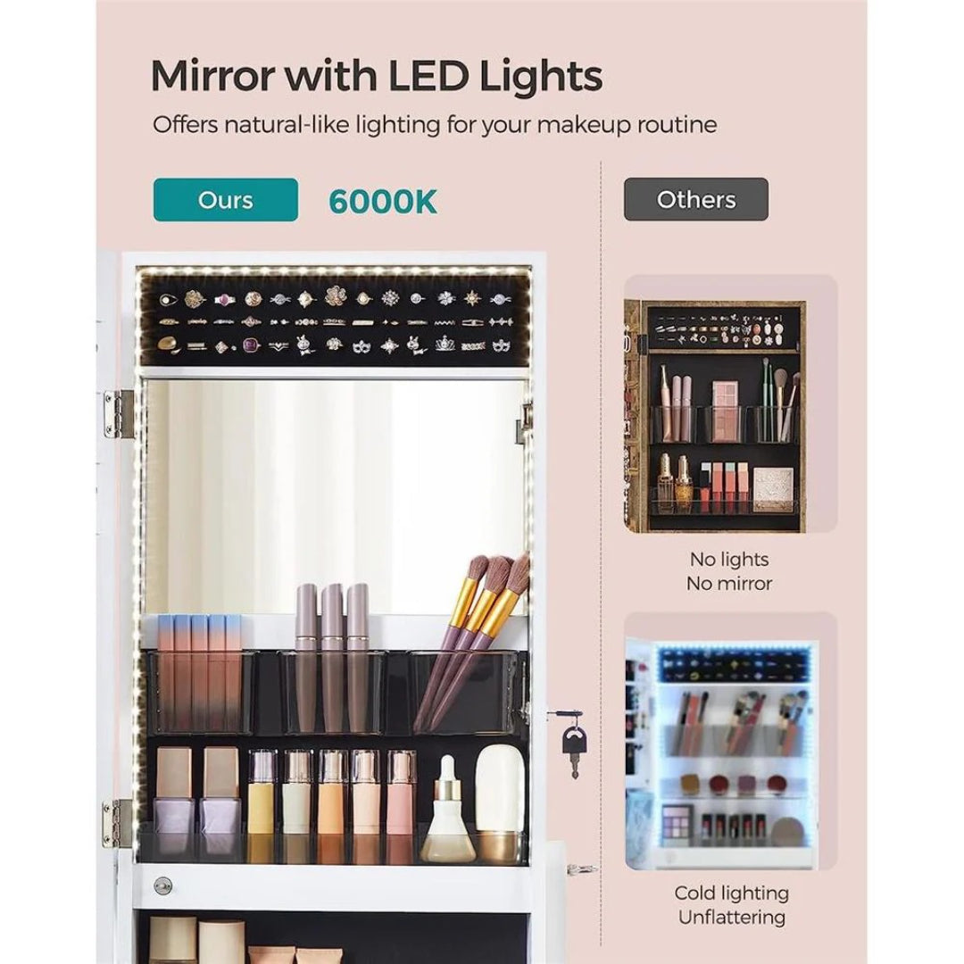 Standing Mirror Jewelry Cabinet With LED Lights And Lock – product view 3 | Ridgefield Furniture