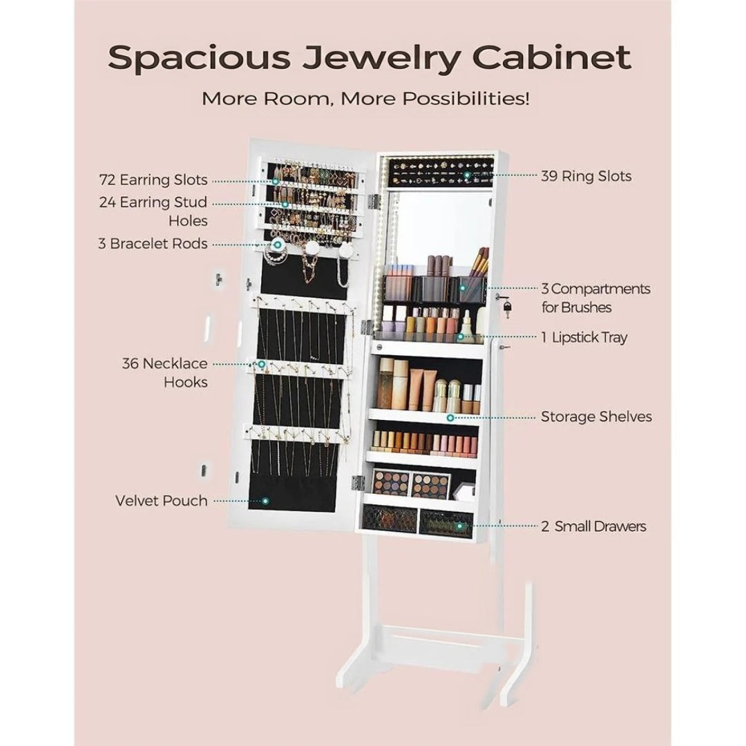 Standing Mirror Jewelry Cabinet With LED Lights And Lock – product view 5 | Ridgefield Furniture