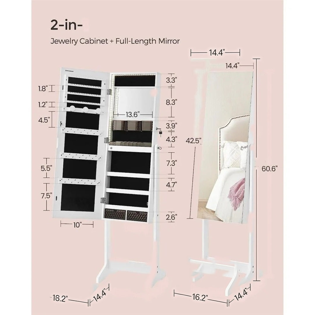 Standing Mirror Jewelry Cabinet With LED Lights And Lock – product view 6 | Ridgefield Furniture