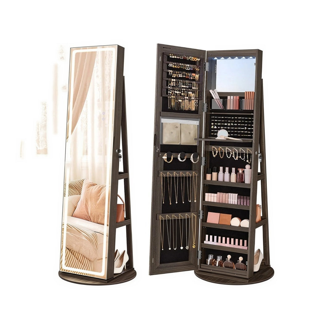Standing Mirror Jewelry Cabinet With LED Lights And Storage – product view 1 | Ridgefield Furniture