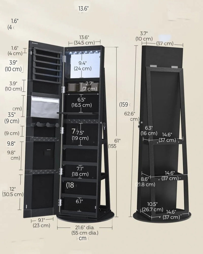 Standing Mirror Jewelry Cabinet With LED Lights And Storage – product view 9 | Ridgefield Furniture
