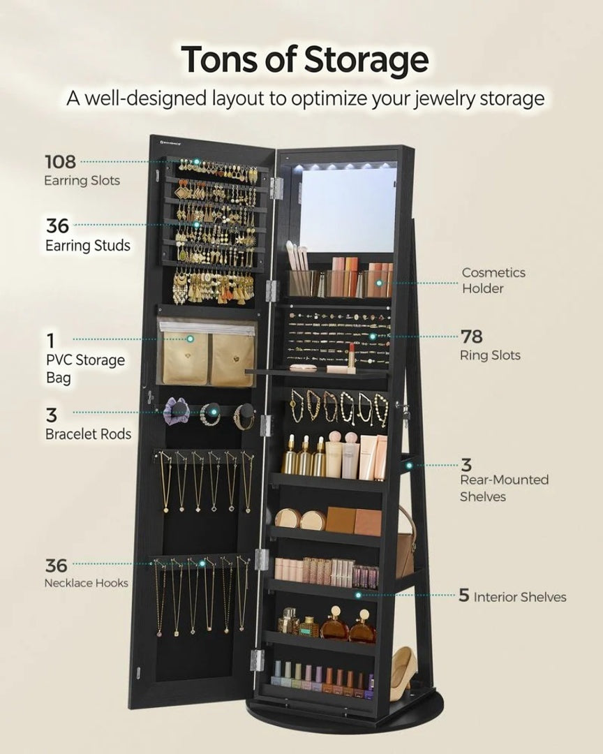 Standing Mirror Jewelry Cabinet With LED Lights And Storage – product view 11 | Ridgefield Furniture