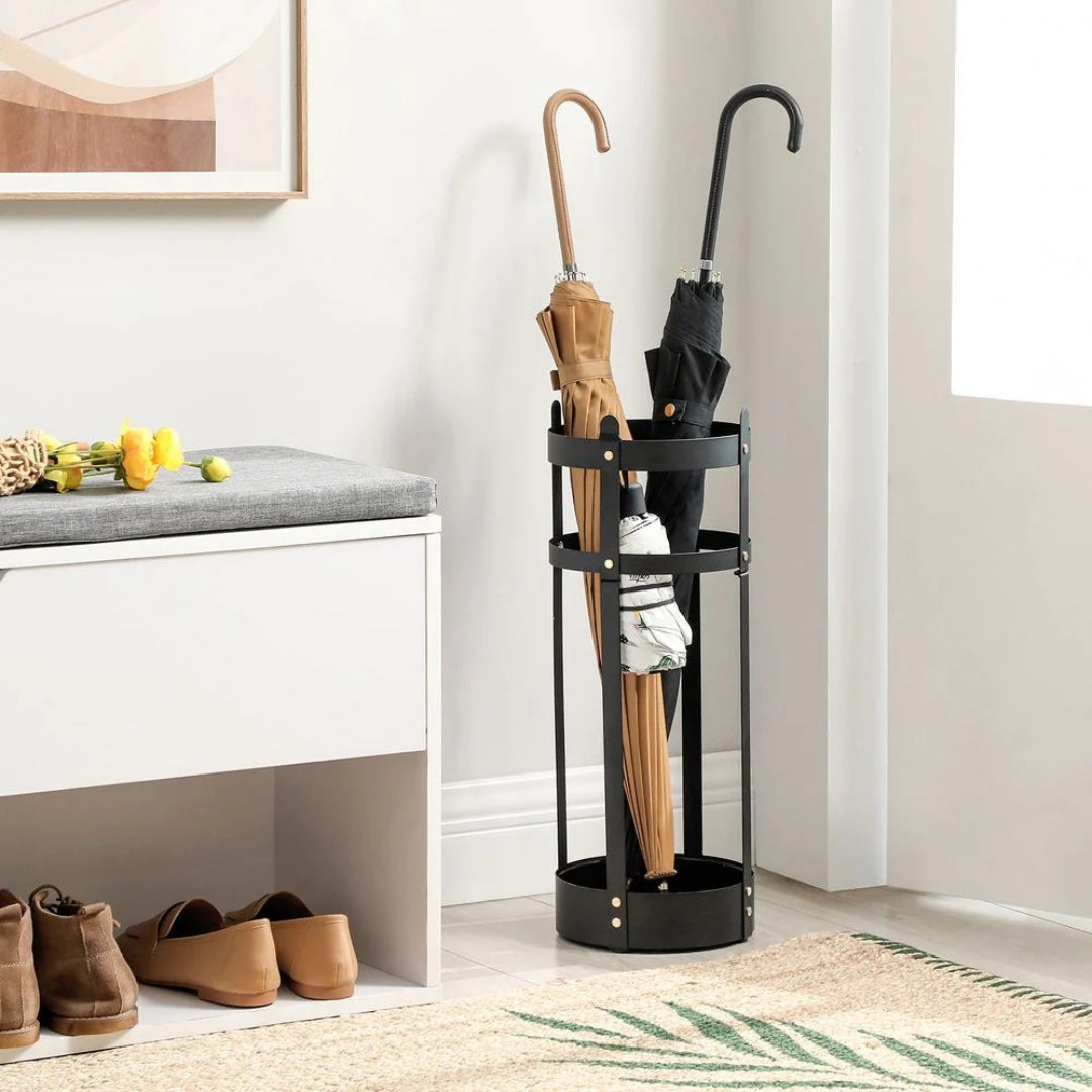 Steel Umbrella Holder Stand With Drip Tray & Hooks Round Rack – product view 2 | Ridgefield Furniture