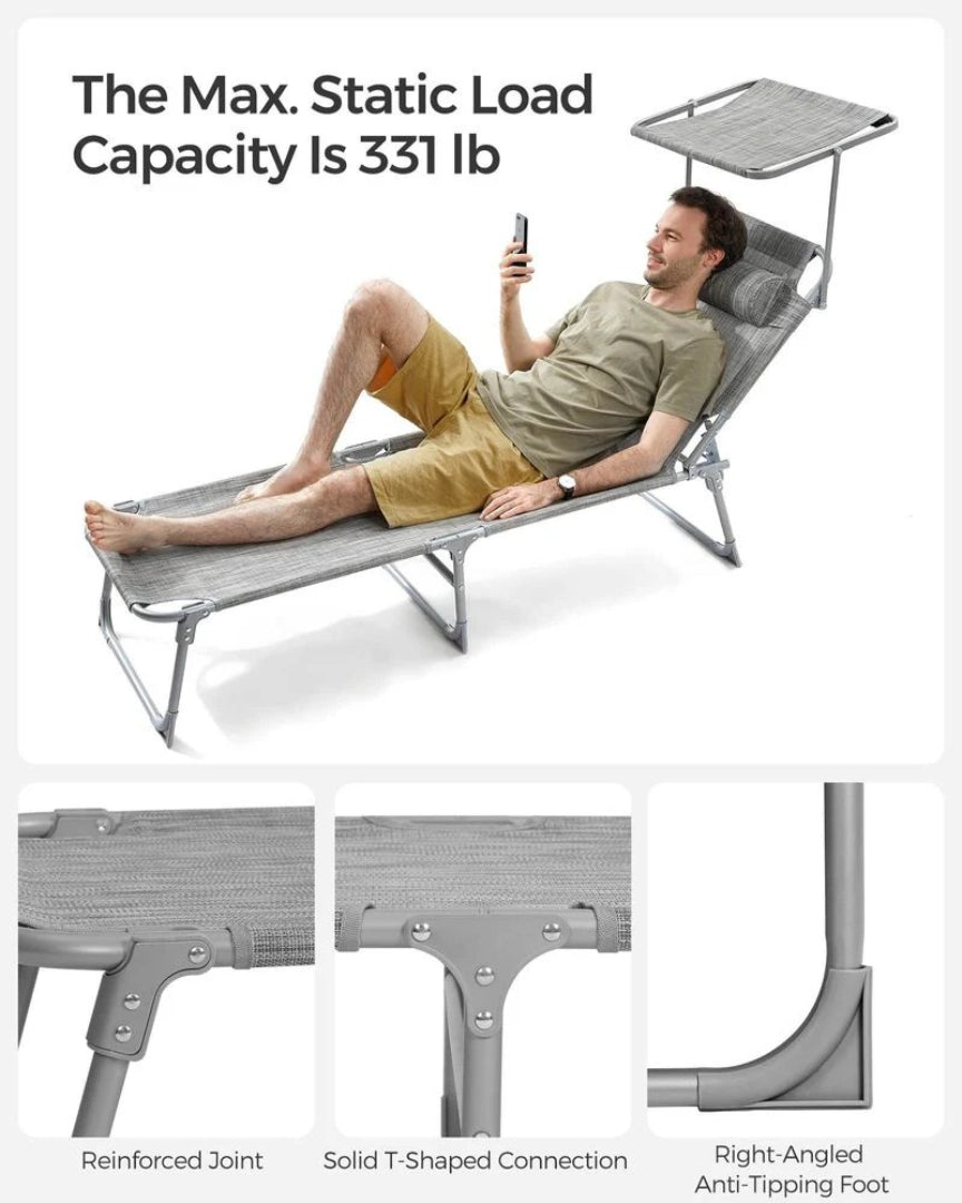 Sun Lounger Foldable Reclining Chair With Canopy 57.5in Portable – product view 7 | Ridgefield Furniture