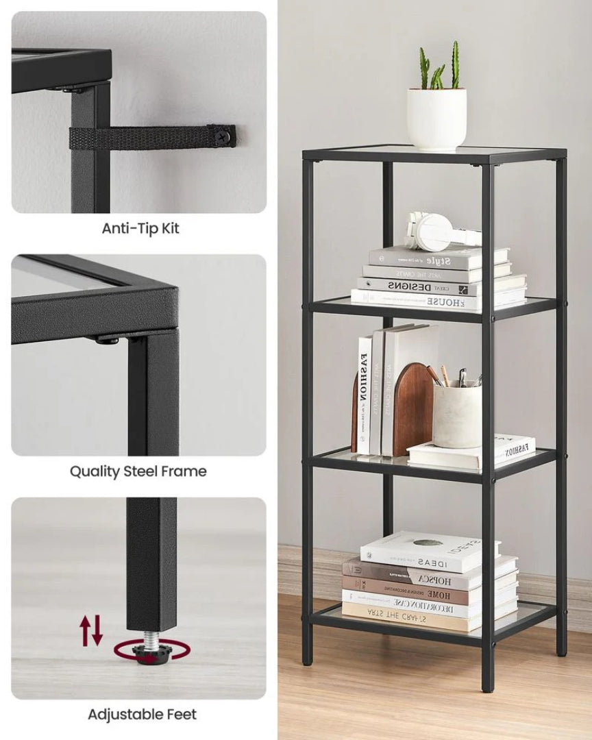 Tempered Glass Bookcase 4 Or 5 Tier Slim Shelving Unit – product view 10 | Ridgefield Furniture