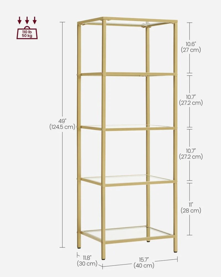 Tempered Glass Bookcase 4 Or 5 Tier Slim Shelving Unit – product view 23 | Ridgefield Furniture