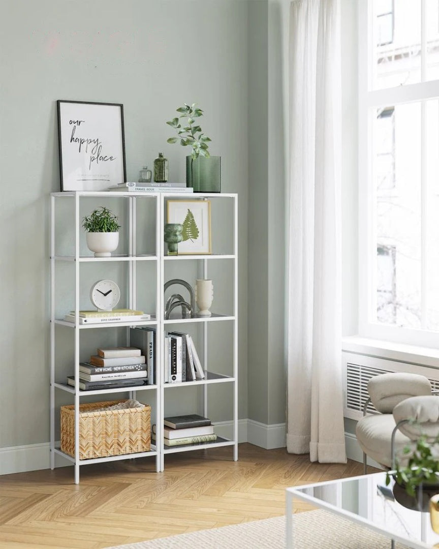 Tempered Glass Bookcase 4 Or 5 Tier Slim Shelving Unit – product view 24 | Ridgefield Furniture
