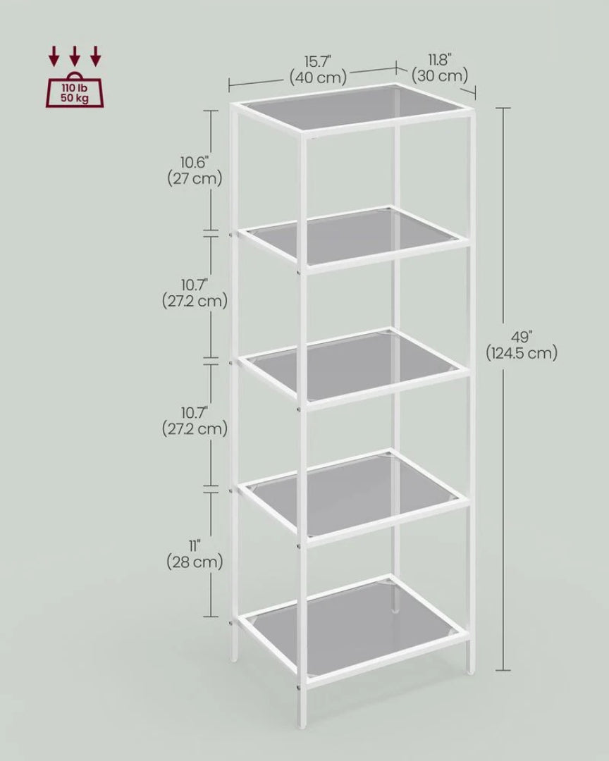 Tempered Glass Bookcase 4 Or 5 Tier Slim Shelving Unit – product view 29 | Ridgefield Furniture