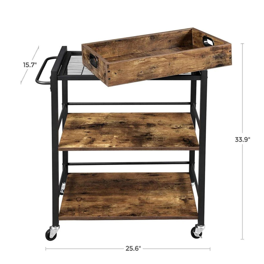 Bar Cart With Wheels 3-Tier Industrial Serving Cart With Tray – product view 8 | Ridgefield Furniture