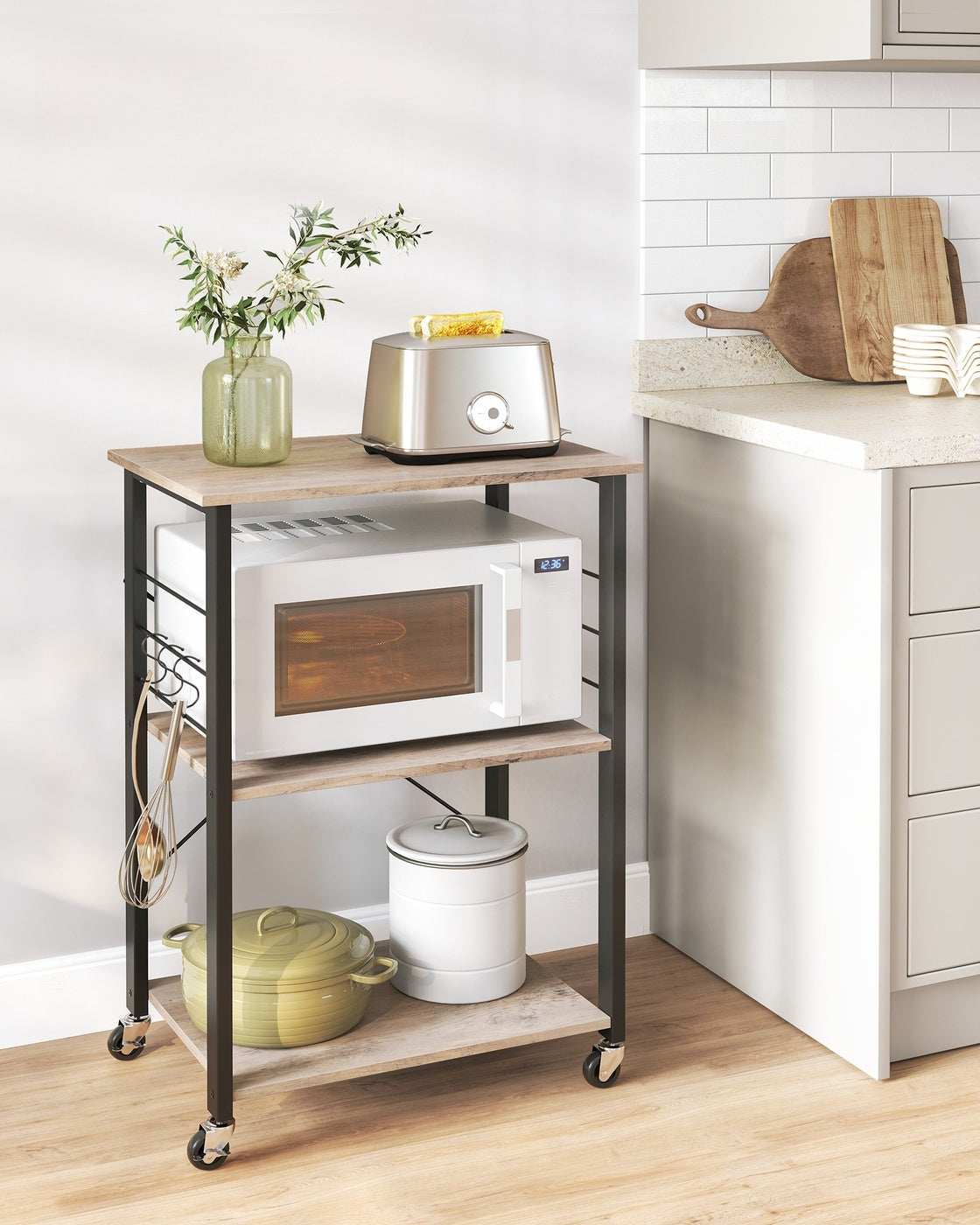 Vintage Kitchen Shelf With 6 Hooks And Lockable Wheels, Bakers Rack - product photo 17