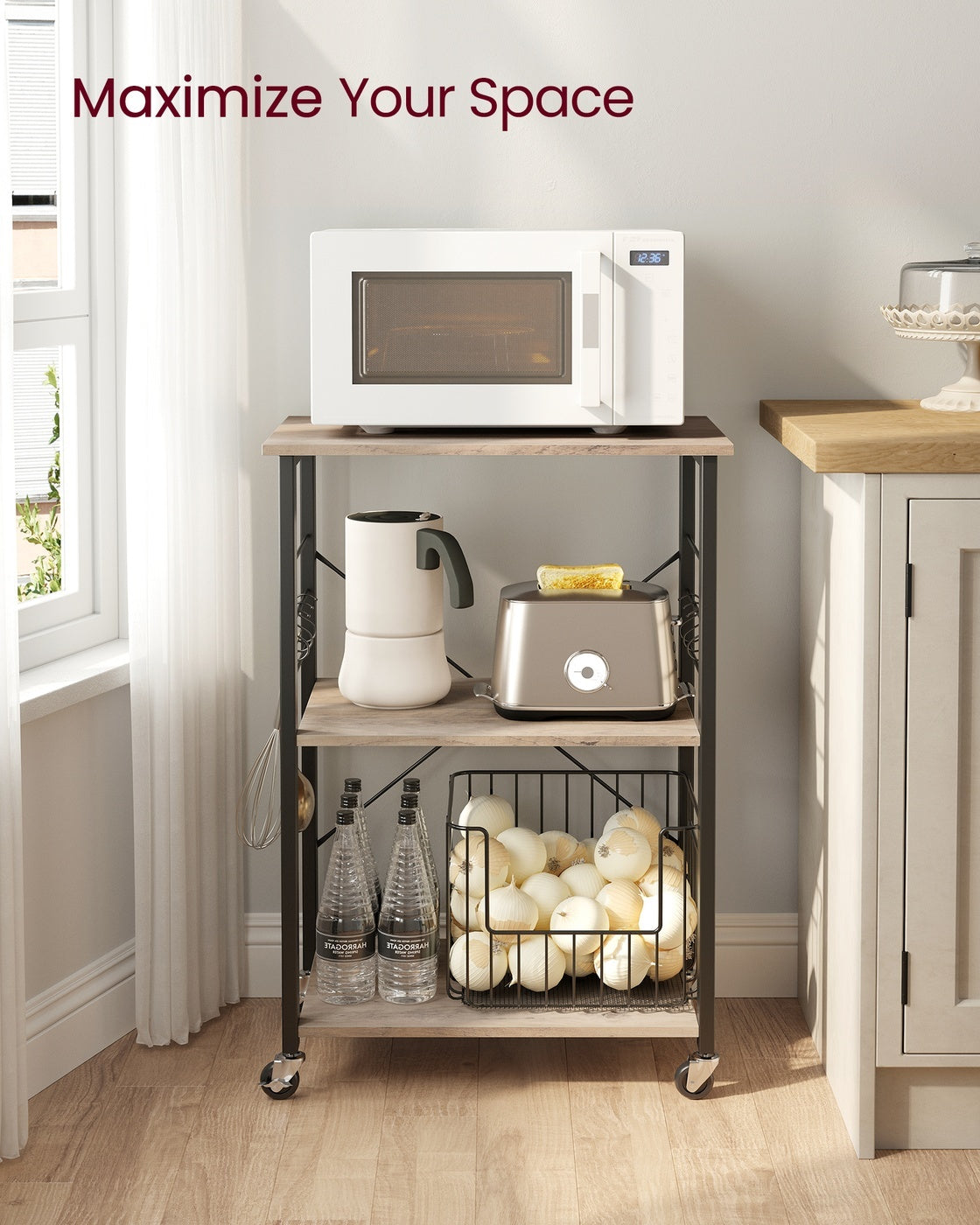 Vintage Kitchen Shelf With 6 Hooks And Lockable Wheels, Bakers Rack - product photo 18
