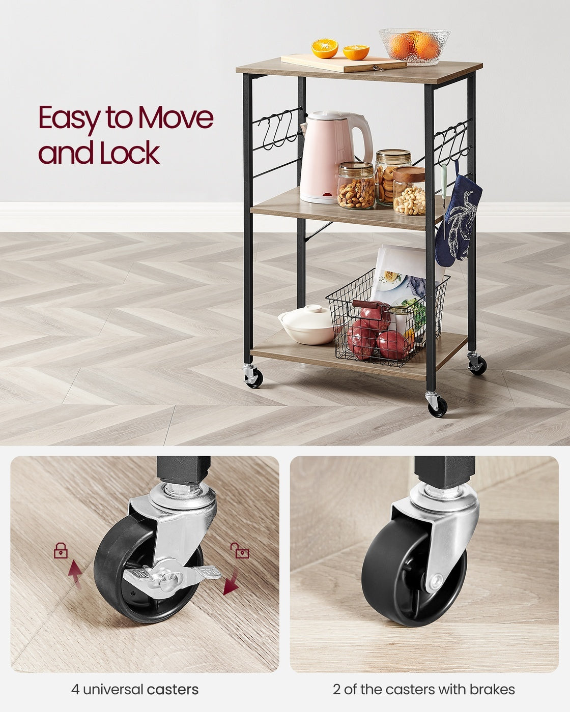 Vintage Kitchen Shelf With 6 Hooks And Lockable Wheels, Bakers Rack - product photo 22