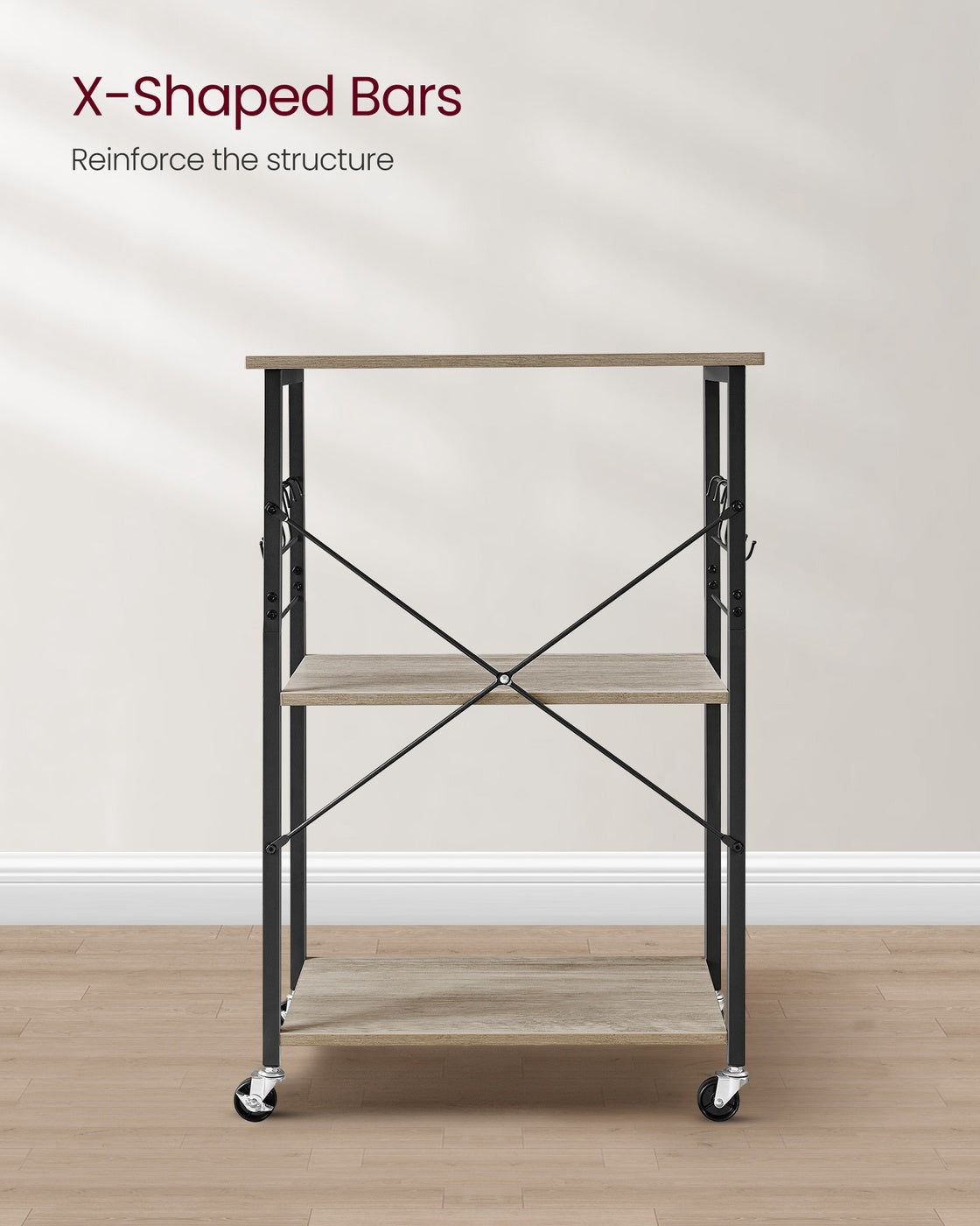 Vintage Kitchen Shelf With 6 Hooks And Lockable Wheels, Bakers Rack - product photo 24