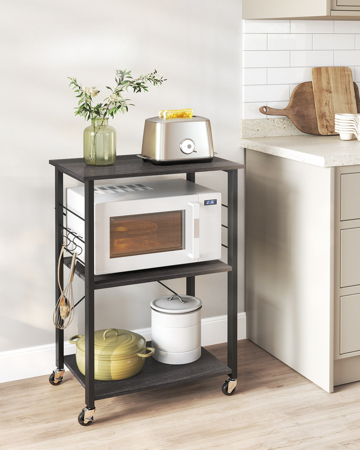 Vintage Kitchen Shelf With 6 Hooks And Lockable Wheels, Bakers Rack - product photo 25
