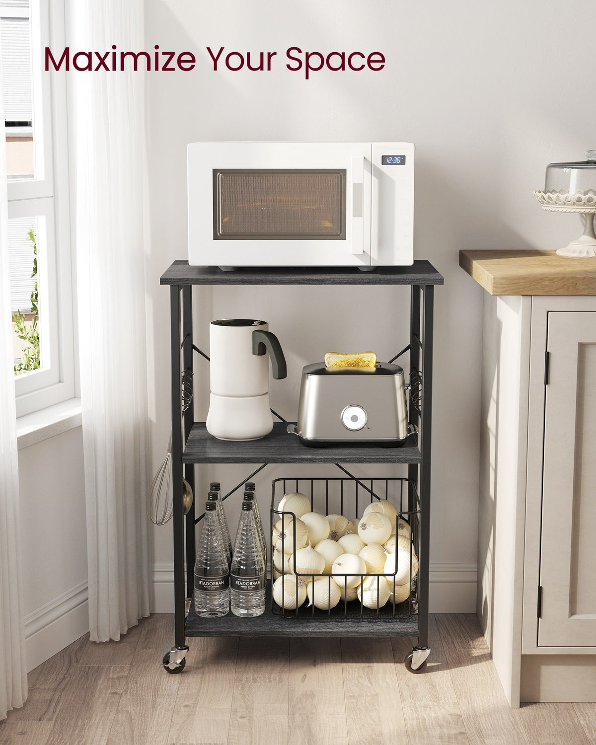 Vintage Kitchen Shelf With 6 Hooks And Lockable Wheels, Bakers Rack - product photo 26