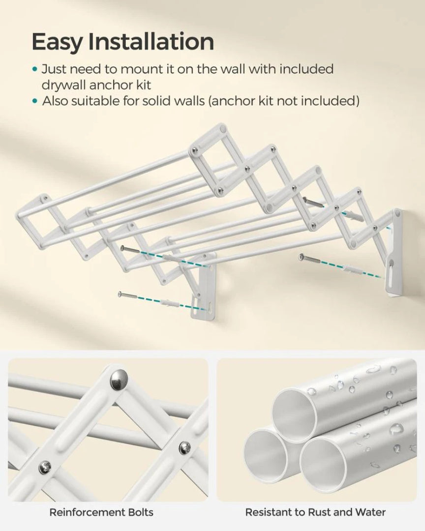 Wall Mounted Clothes Drying Rack Expandable 9 Rod Steel Airer – product view 8 | Ridgefield Furniture