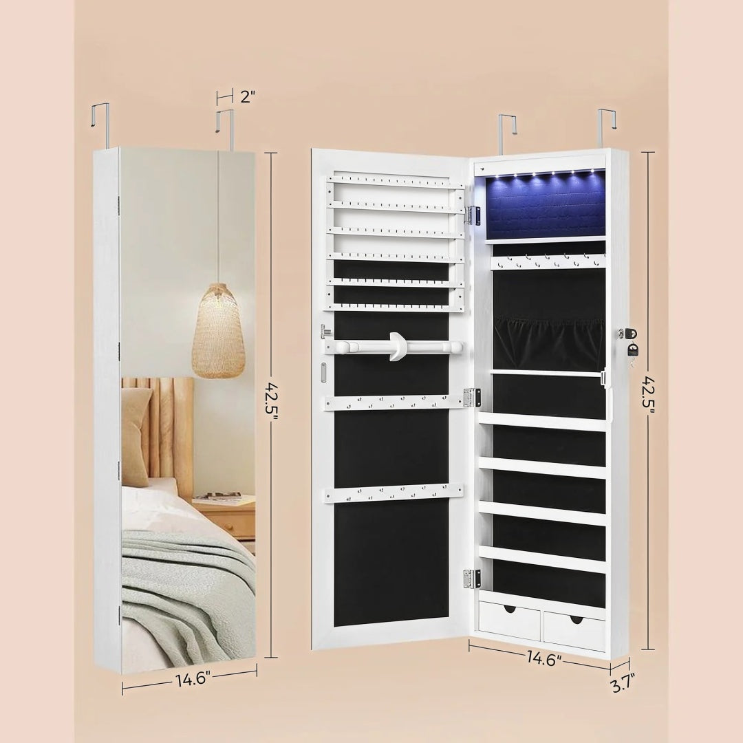 Wall Mounted Jewelry Armoire Cabinet With Mirror LED Lights – product view 7 | Ridgefield Furniture