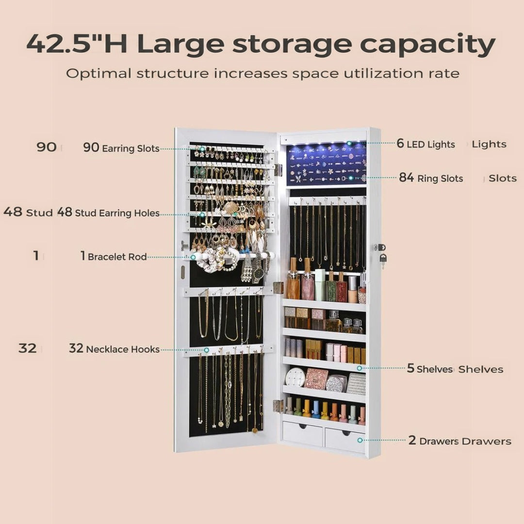 Wall Mounted Jewelry Armoire Cabinet With Mirror LED Lights – product view 9 | Ridgefield Furniture