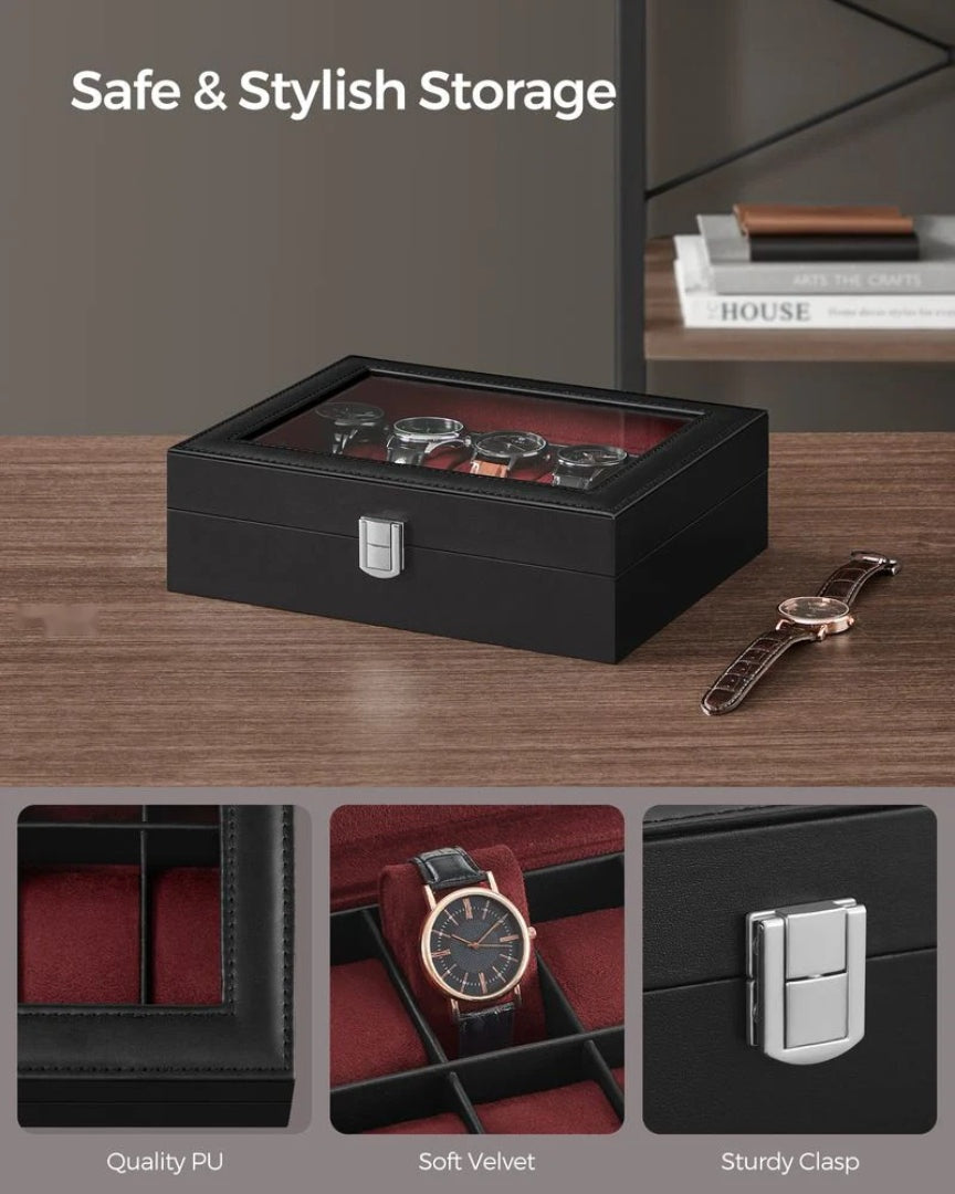 Watch Storage Case With Glass Lid 10 Slot Organizer – product view 11 | Ridgefield Furniture