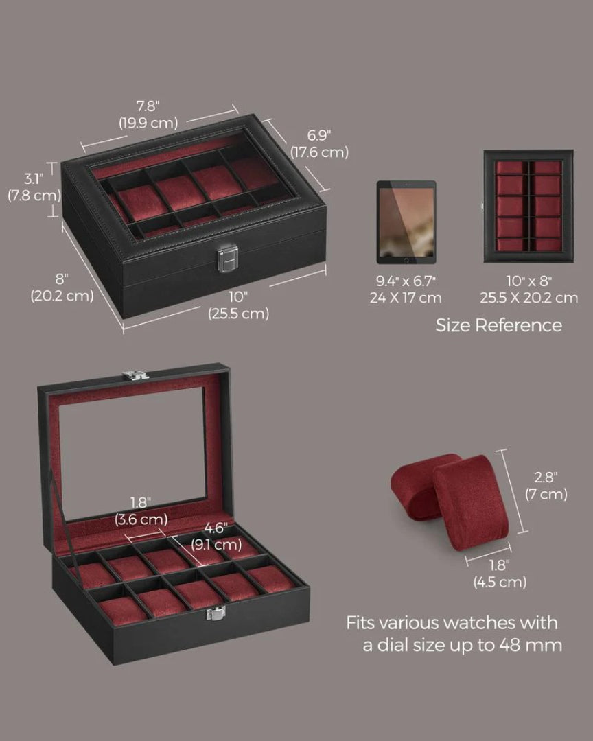 Watch Storage Case With Glass Lid 10 Slot Organizer – product view 14 | Ridgefield Furniture